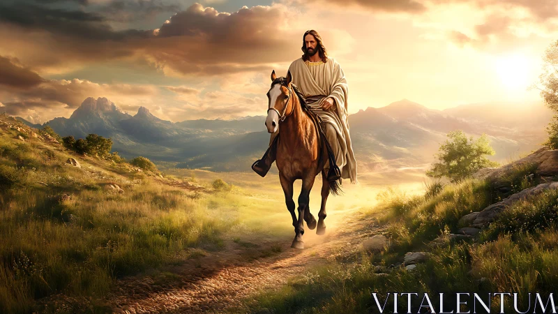 Rider in flowing robes crossing golden mountain valley at dawn.