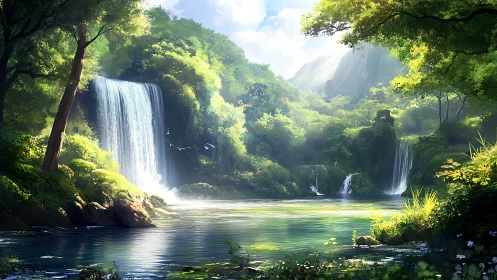 Digital painting of luminous forest waterfalls and river basin.