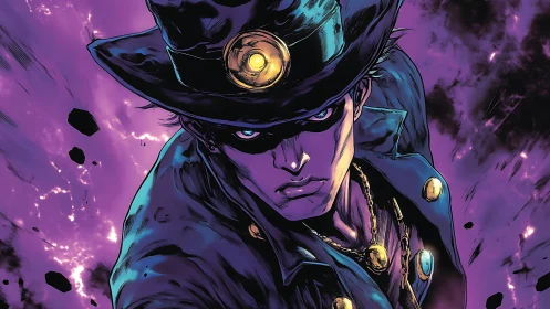 Masked antihero in trench coat within violet energy storm.