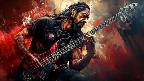 Intense rock bassist bends low over electric guitar