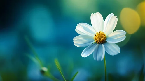 White Daisy with Yellow Center Against Blurred Teal Background.