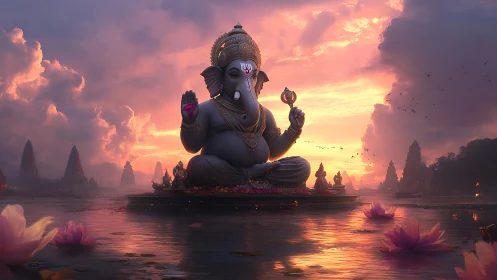 Monumental Ganesha idol in luminous sunset riverscape