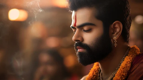 Serene young devotee in warm temple light at prayerful rest.