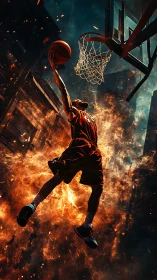 Basketball player dunks midair over explosive fiery backdrop.
