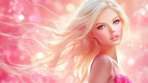 Luminous blonde portrait in radiant pink bokeh environment.