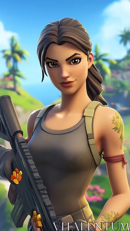 Stylized female soldier holds rifle on bright tropical island