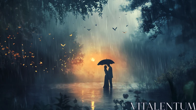 Silhouetted Couple Under Umbrella in Cinematic Rainstorm.
