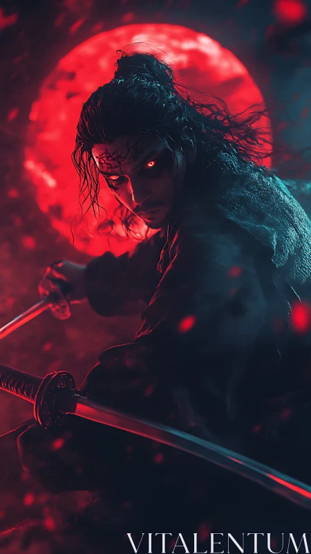 Fierce red moon warrior poised with twin glowing blades.