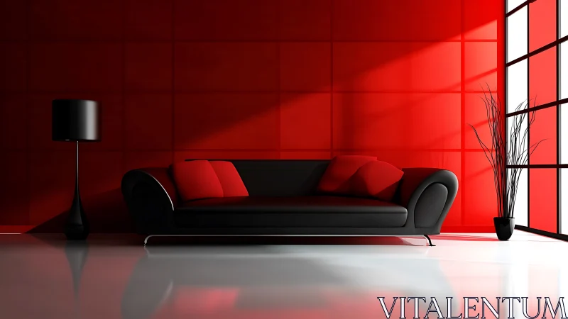 Minimalist red interior with black sofa under directional daylight