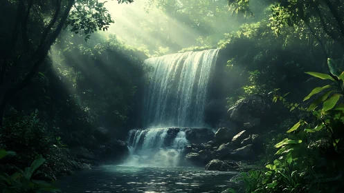 Cascading Waterfall Deep Within Luminous Forest Canopy