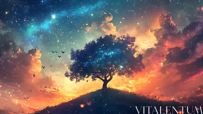 Lone tree on hill under starry multicolored sky at dusk.