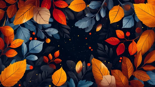 Autumn leaves frame surrounding dark starry background