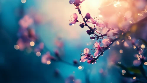 Pink flowering branch illuminated by dawn light with bokeh particles