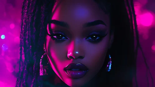 Neon-lit portrait shows intense gaze under magenta glow