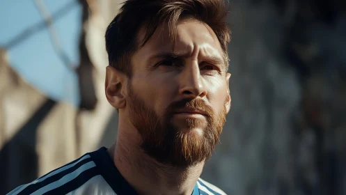 Bearded football player gazes upward under warm sunlight