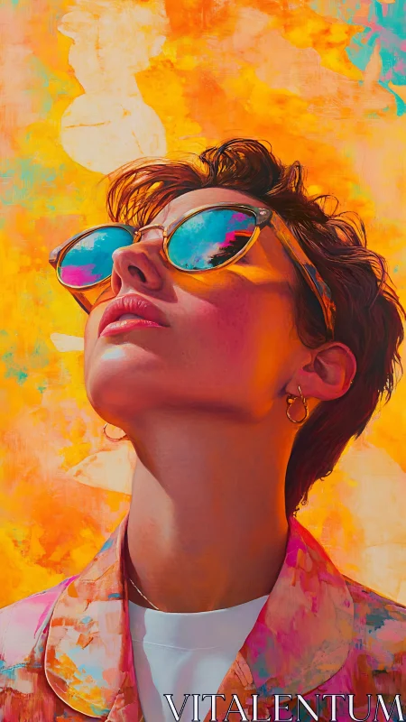 Portrait of person in sunglasses against vivid orange sky.