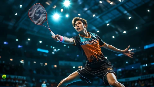 Stadium comet: agile badminton star lunging under neon lights.