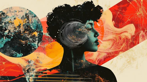 Surreal cosmic portrait merges human profile and abstract planets.
