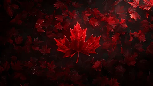 Crimson maple heart glows amid a storm of shadowed leaves.