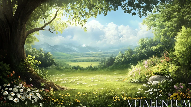 Sunlit meadow panorama under ancient oak in lush bloom