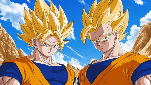 Blond spiky haired anime warriors in rocky desert landscape