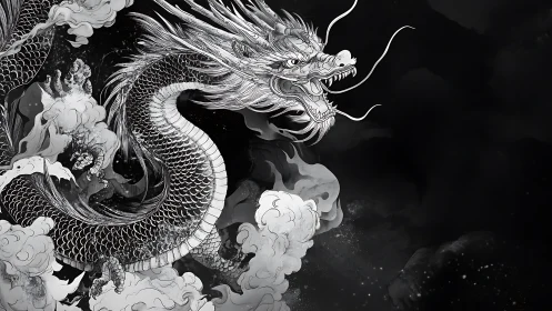 Storm-wreathed oriental dragon rendered in monochrome ink.