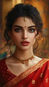 Digital portrait of Indian woman in red saree and gold jewelry