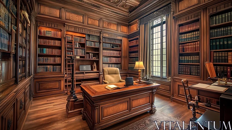 Photorealistic mahogany private study with floor‑to‑ceiling library