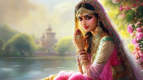 Ornate Indian woman in jeweled attire by river with temple backdrop
