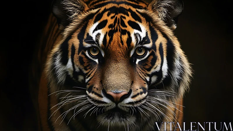 Front facing tiger portrait in low key lighting, high detail