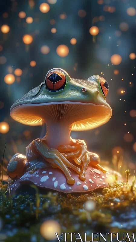 Bioluminescent frog merges with mushroom in glowing forest