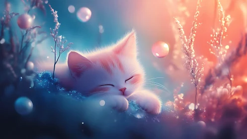 Sleeping White Kitten in Magical Garden Light.
