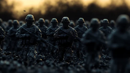 Armed soldiers advance through dusk battlefield in tense silence