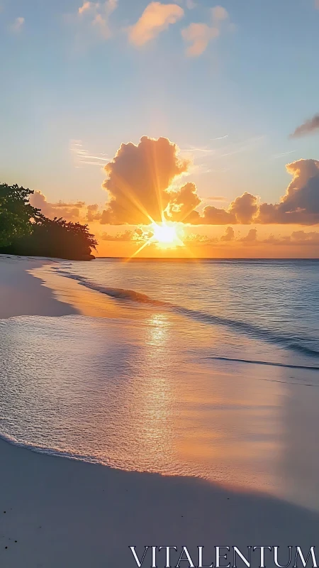 Low-angle tropical shoreline sunset renders soft luminous surf