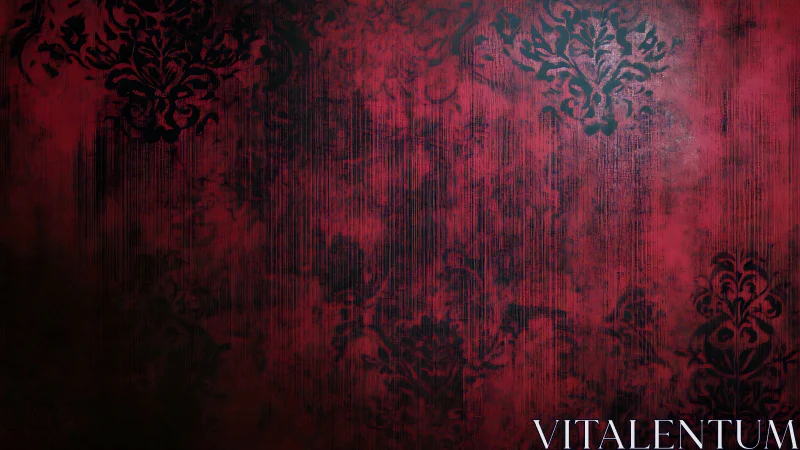 Distressed red damask backdrop reveals grunge textural layering