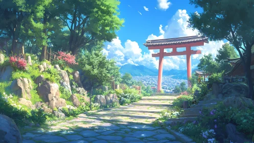 Sunlit shrine path leading to red torii over distant city.
