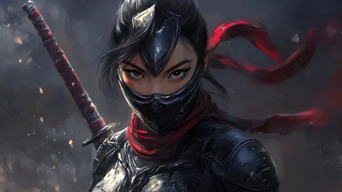 Masked kunoichi warrior with katana in stormy dusk.