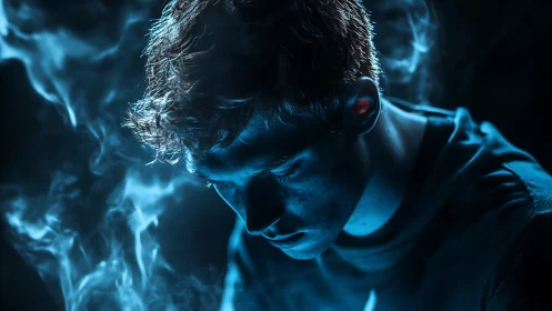 Young person in blue directional light with rising vapor.