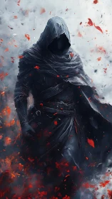 Hooded rogue strides through ember storm in painterly chiaroscuro