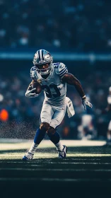 Electric sideline sprint under bright stadium lights.