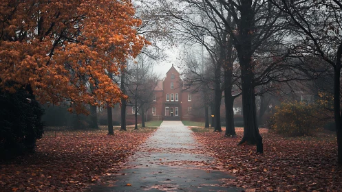 Foggy autumn campus path leading toward red brick hall.