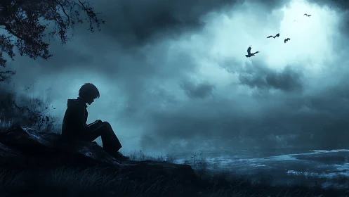 Silhouetted figure sits by water under overcast night sky