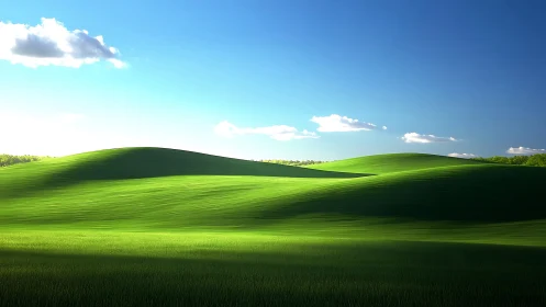 Rolling green hills under clear blue sky in strong daylight