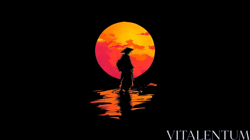 Silhouetted samurai figure before large red sunset disk.