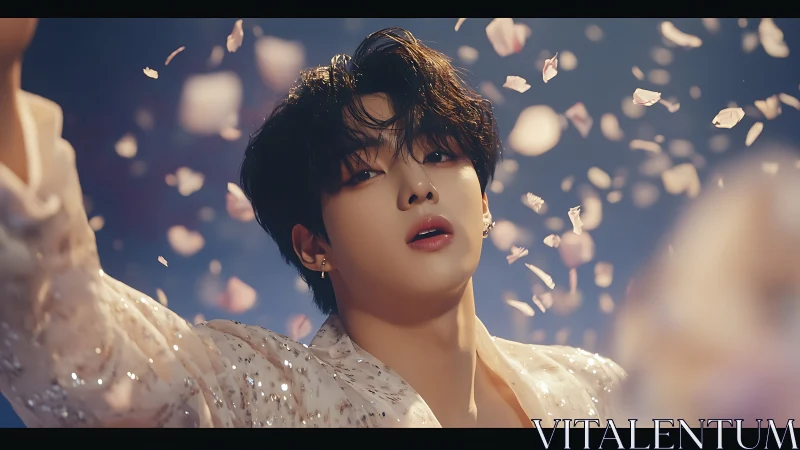 Ethereal portrait of a singer amid softly drifting petals
