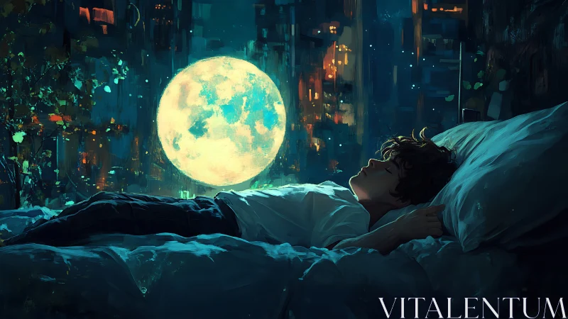 Boy lies in moonlit bed while glowing city night surrounds