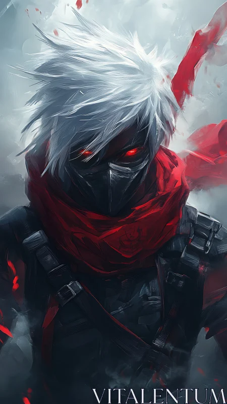 Storm-eyed masked warrior stands strong in swirling crimson mist
