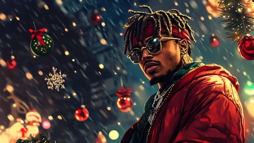 Holiday streetlight swagger in neon-slick snowfall magic.