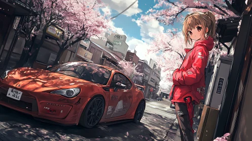 Sporty anime girl and drift car under city cherry blossoms.