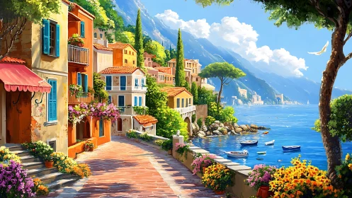 Coastal village promenade borders calm blue waterfront